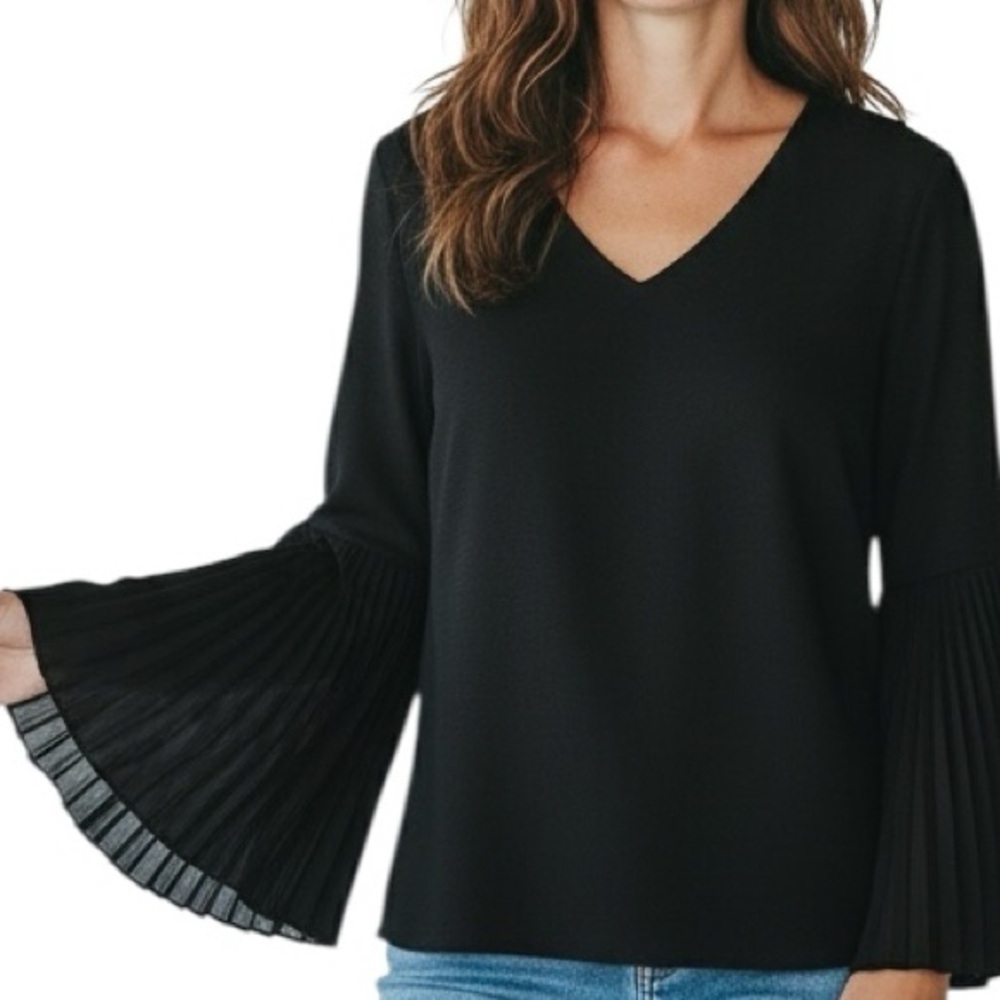 NWT WHBM Black Long Pleated Bell Sleeve V-Neck Blouse Size Small
